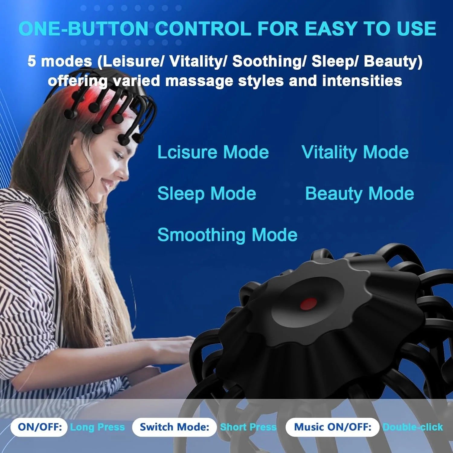 Electric Head Massager Cordless Bluetooth Head Massage with 5 Models 20 Vibration Contacts for Stress Relief Relaxation Insomnia