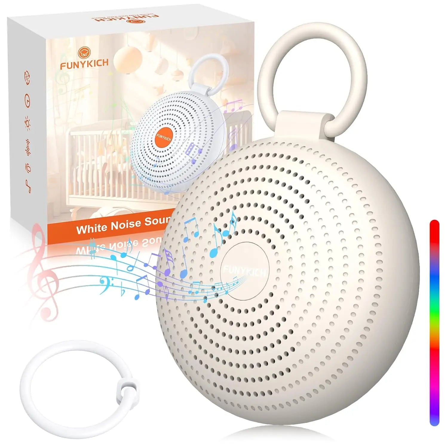 FUNYKICH White Noise Machine,Portable Sleep Aid with 2 Recordings,24 Sounds,7 Lights,3 Timers,Grey.